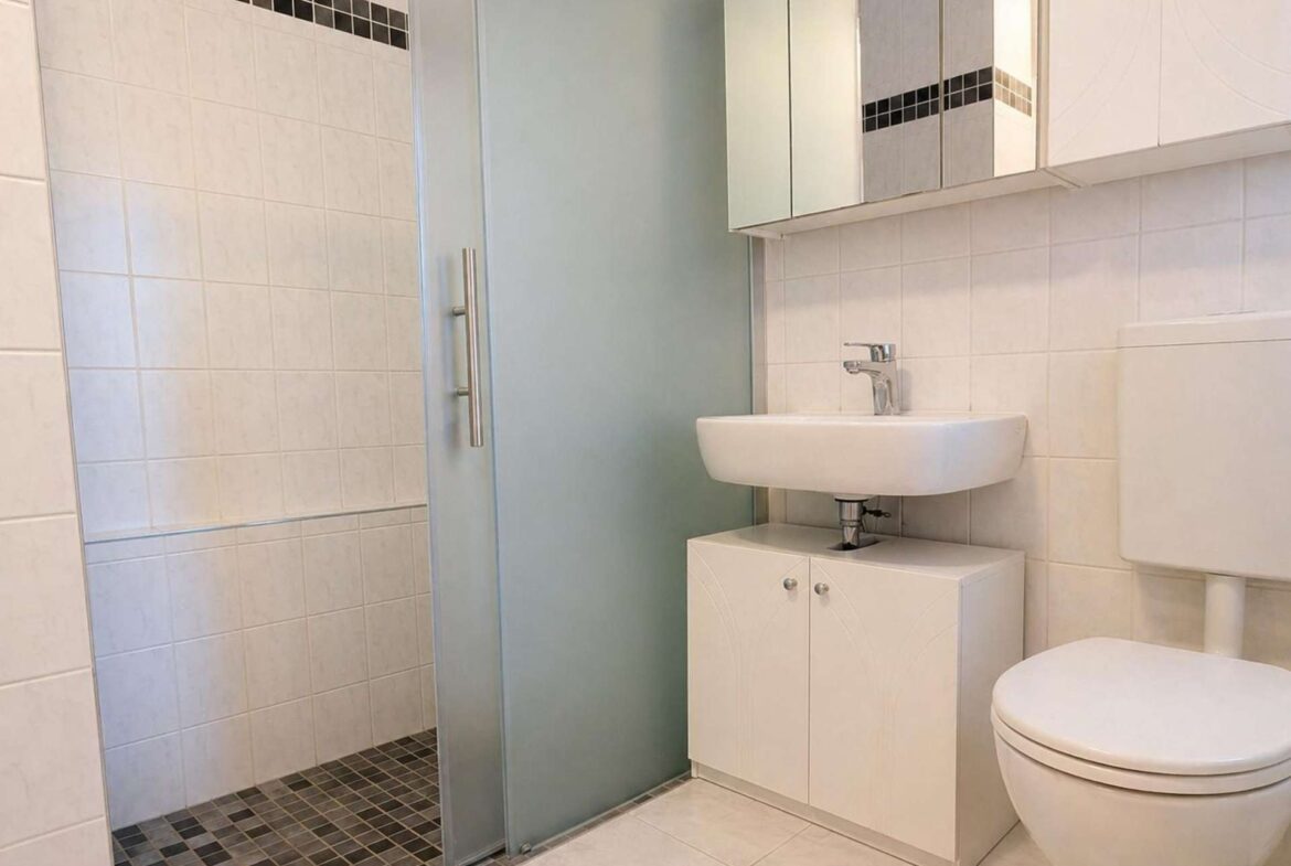 Modern bathroom with a frosted glass shower door, white sink on a cabinet, and mirrored medicine cabinet above.