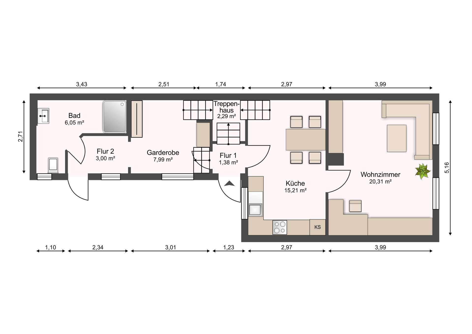 Grundriss eines Apartments mit Flur 1, Flur 2, Garderobe, Bad, Küche und Wohnzimmer; Möbelpositionen, Türen und Maßangaben sichtbar