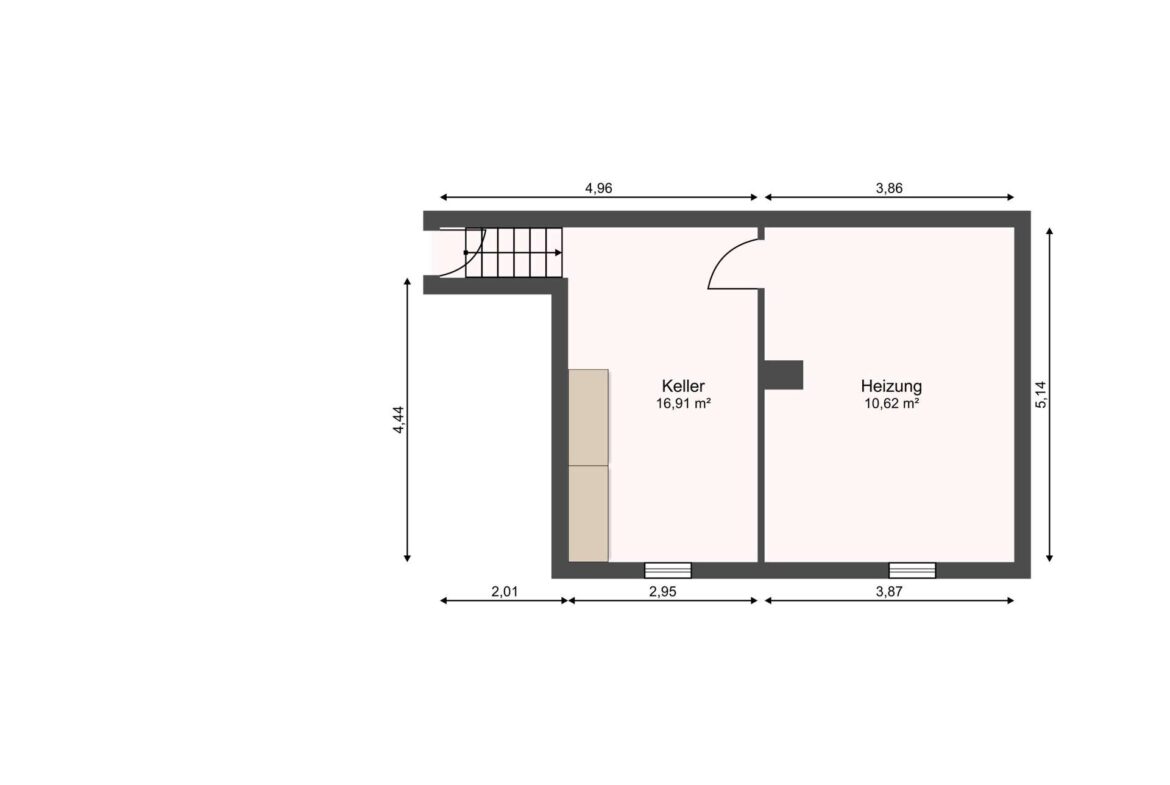 Floor plan of a basement with two rooms: Keller (16.91 m²) and Heizung (10.62 m²); stairs on the left and a doorway between rooms.