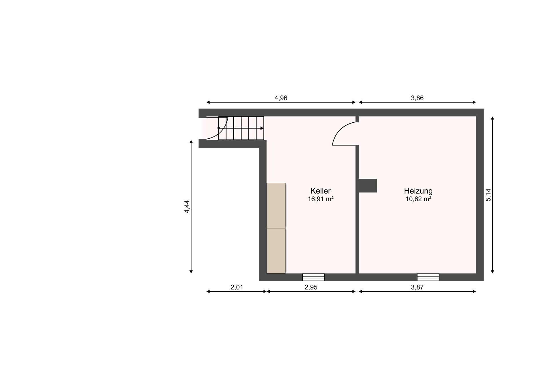 Floor plan of a basement with two rooms: Keller (16.91 m²) and Heizung (10.62 m²); stairs on the left and a doorway between rooms.