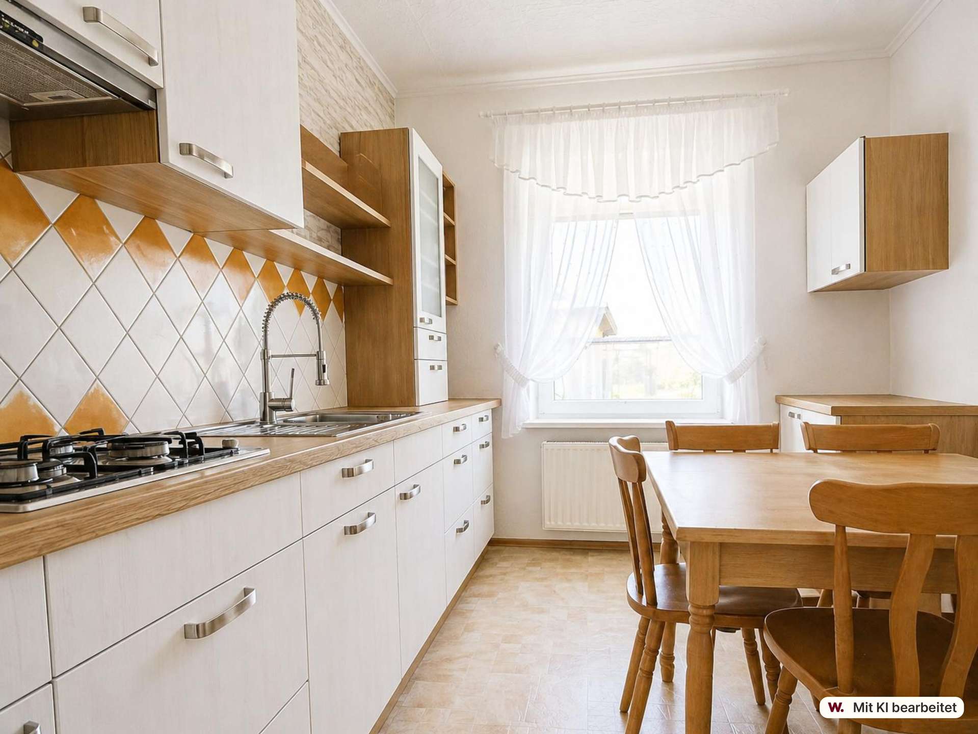 Bright kitchen with light wood cabinets, white countertops, a diamond-pattern orange-and-white tile backsplash, stainless steel sink, and a wooden dining table near a window with sheer curtains.