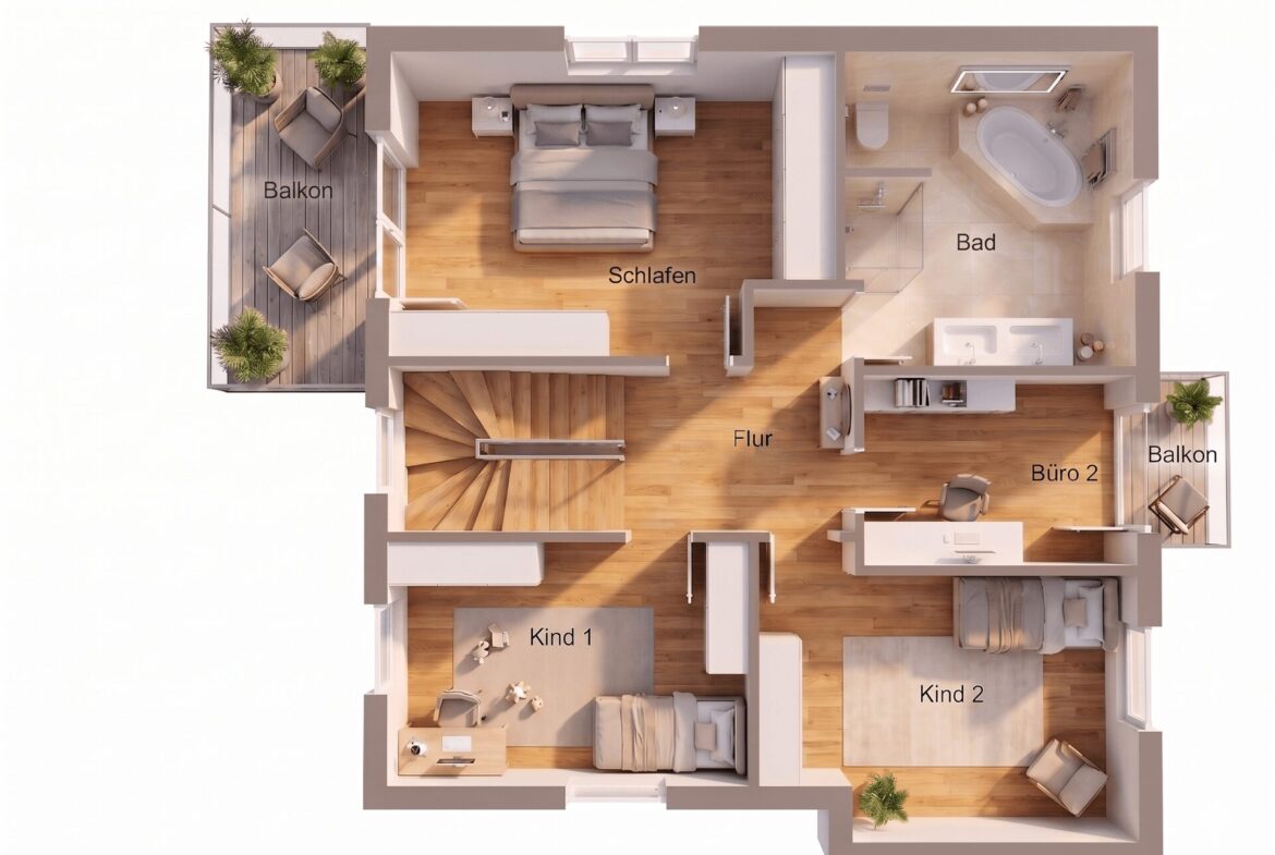 3D floor plan of an apartment showing a bedroom, two children's rooms, a office, bathroom, hallway and two balconies labeled in German (Balkon, Schlafen, Kind 1, Kind 2, Büro 2, Flur, Bad).
