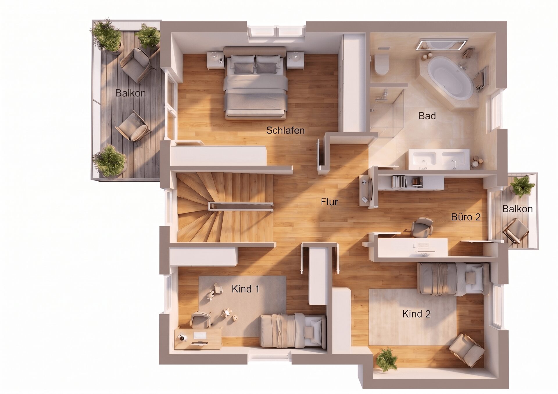 3D floor plan of an apartment showing a bedroom, two children's rooms, a office, bathroom, hallway and two balconies labeled in German (Balkon, Schlafen, Kind 1, Kind 2, Büro 2, Flur, Bad).
