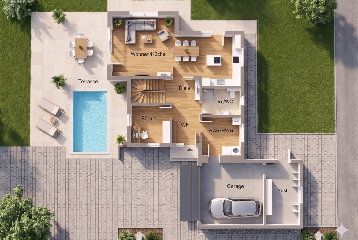 Aerial floor plan of a modern house showing rooms (Wohnen/Küche, Diele, Büro 1, Du./WC) with a pool, terrace and garage outside the living areas.