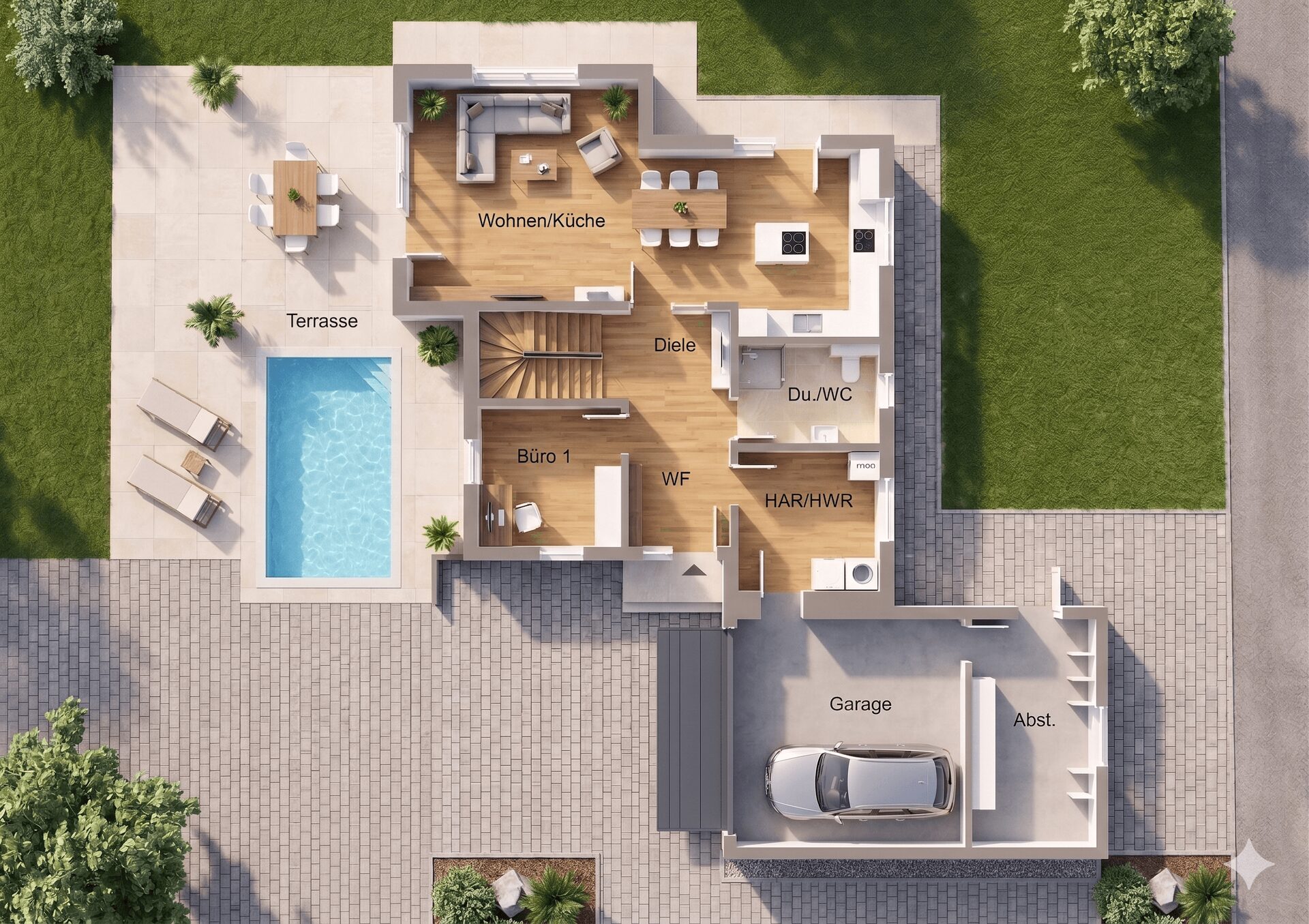 Aerial floor plan of a modern house showing rooms (Wohnen/Küche, Diele, Büro 1, Du./WC) with a pool, terrace and garage outside the living areas.