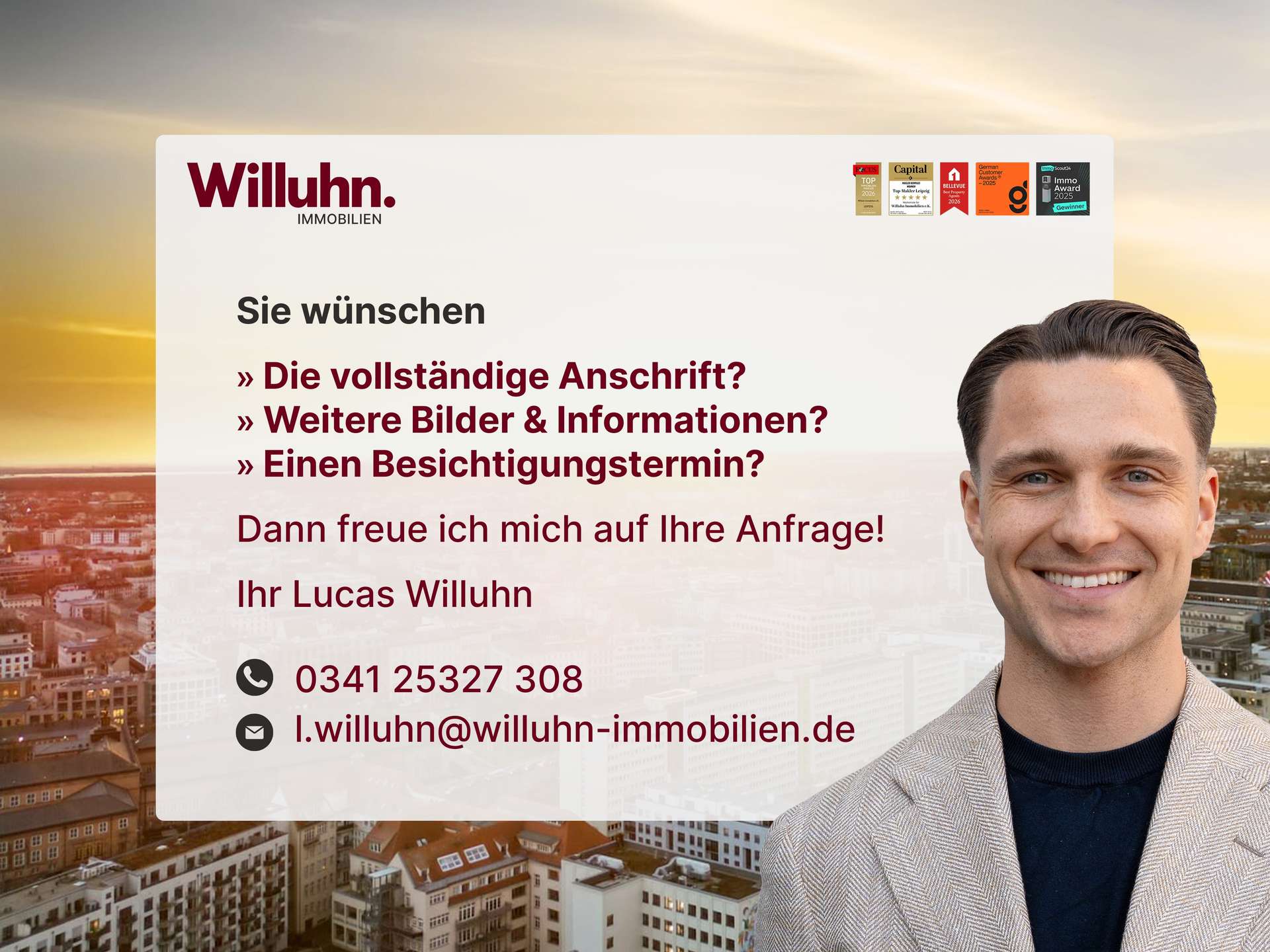Willuhn Immobilien advertising banner with a smiling man on the right and contact details overlaid on a cityscape background.