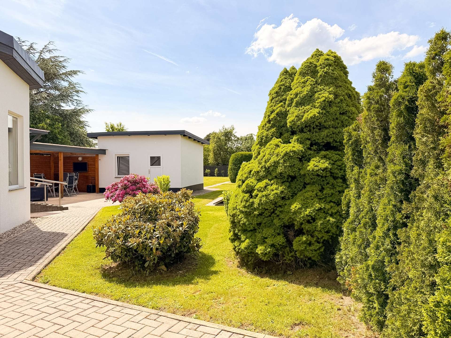 White contemporary house with a covered patio, outdoor seating, and a well-kept lawn framed by tall evergreen trees under a blue sky.