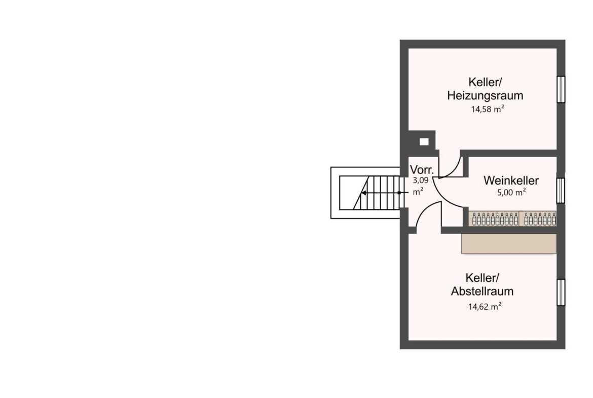 Basement floor plan with labeled rooms: Keller/Heizungsraum 14.58 m², Vorr. 3.09 m², Weinkeller 5.00 m², Keller/Abstellraum 14.62 m² and adjacent stairs.