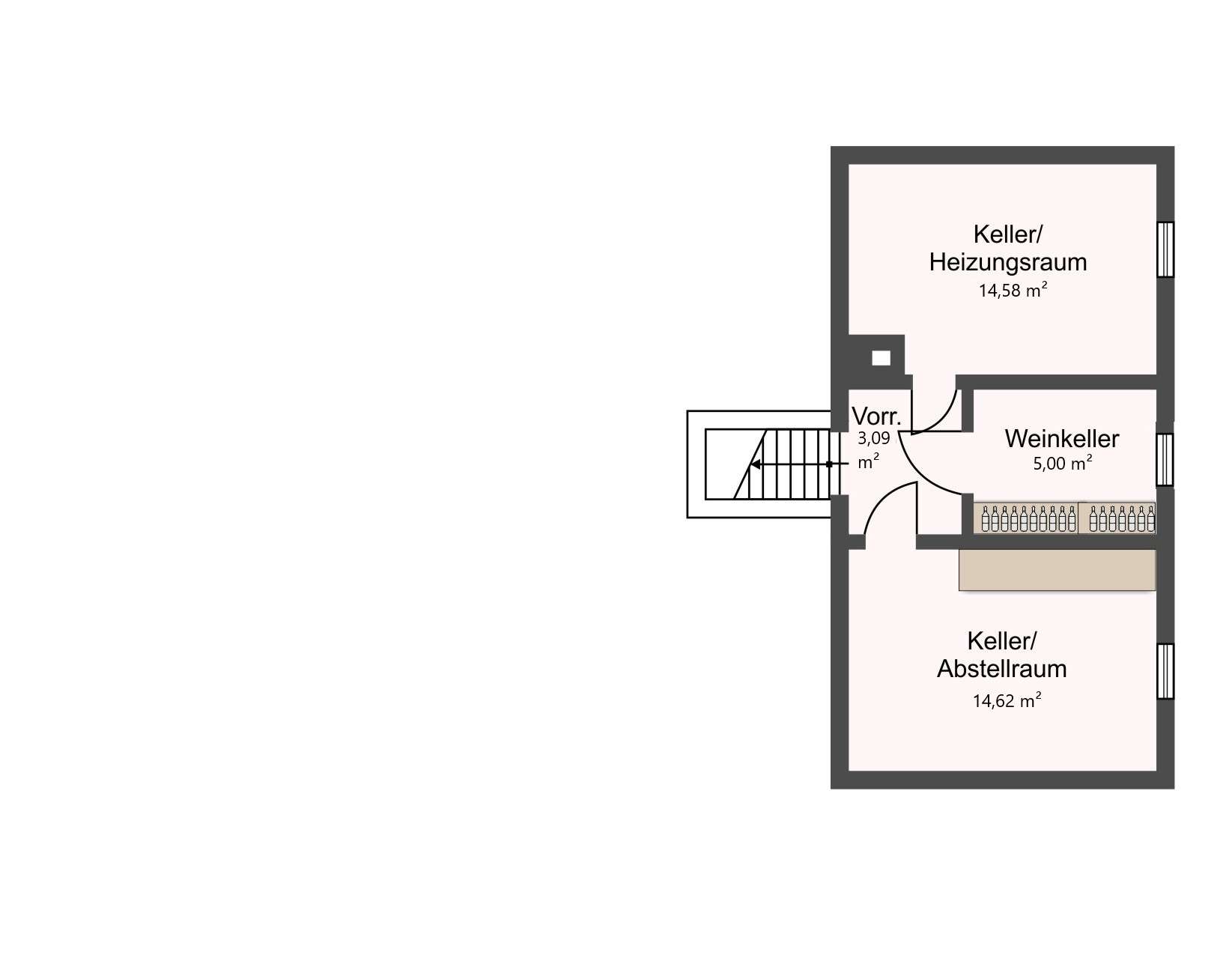 Basement floor plan with labeled rooms: Keller/Heizungsraum 14.58 m², Vorr. 3.09 m², Weinkeller 5.00 m², Keller/Abstellraum 14.62 m² and adjacent stairs.
