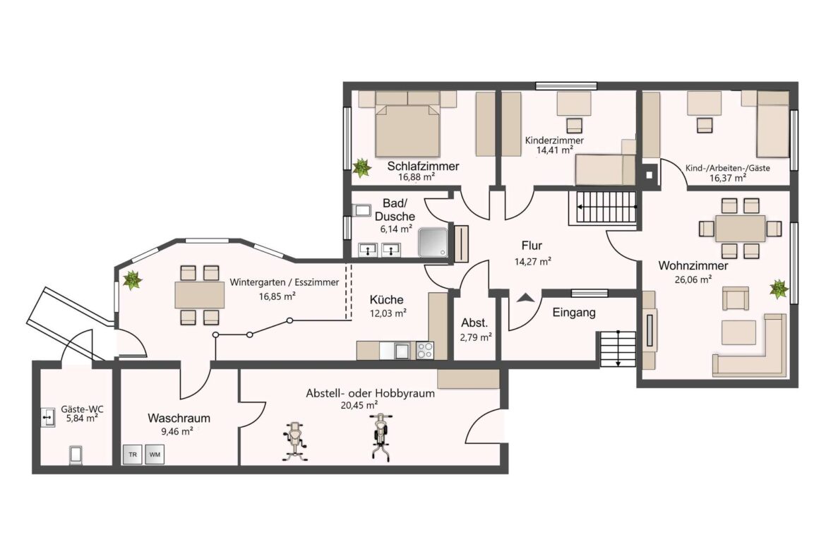 Detaillierter Grundriss eines Hauses mit Zimmern, Flur und Eingangsbereich: Schlafzimmer, Bad, Küche, Wohnzimmer, Wintergarten, Waschraum, Gäste-WC, Abstell-/Hobbyraum sowie Kinder- und Gästezimmerübersicht. Maße der Räume sind angegeben (z. B. 16,88 m² Schlafzimmer, 26,06 m² Wohnzimmer).
