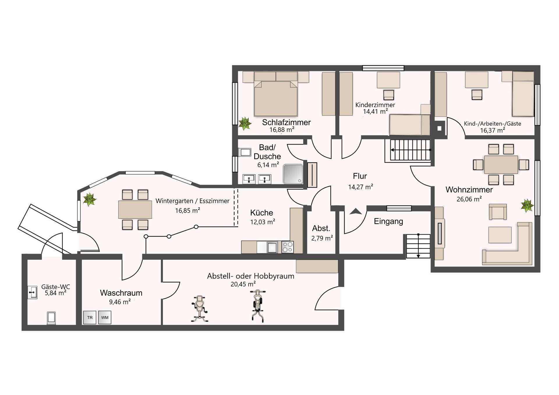 Detaillierter Grundriss eines Hauses mit Zimmern, Flur und Eingangsbereich: Schlafzimmer, Bad, Küche, Wohnzimmer, Wintergarten, Waschraum, Gäste-WC, Abstell-/Hobbyraum sowie Kinder- und Gästezimmerübersicht. Maße der Räume sind angegeben (z. B. 16,88 m² Schlafzimmer, 26,06 m² Wohnzimmer).