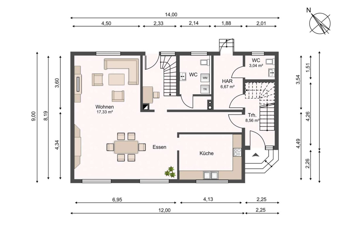Floor plan of a home showing living room (Wohnen), dining area (Essen), kitchen (Küche), WC, and stairs with measurements.