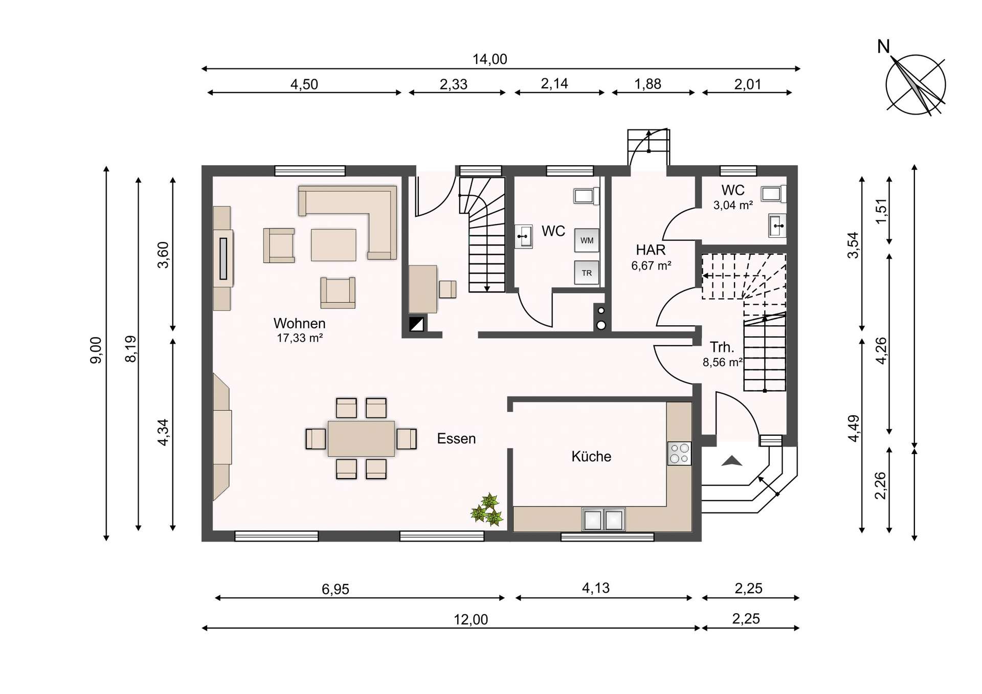 Floor plan of a home showing living room (Wohnen), dining area (Essen), kitchen (Küche), WC, and stairs with measurements.