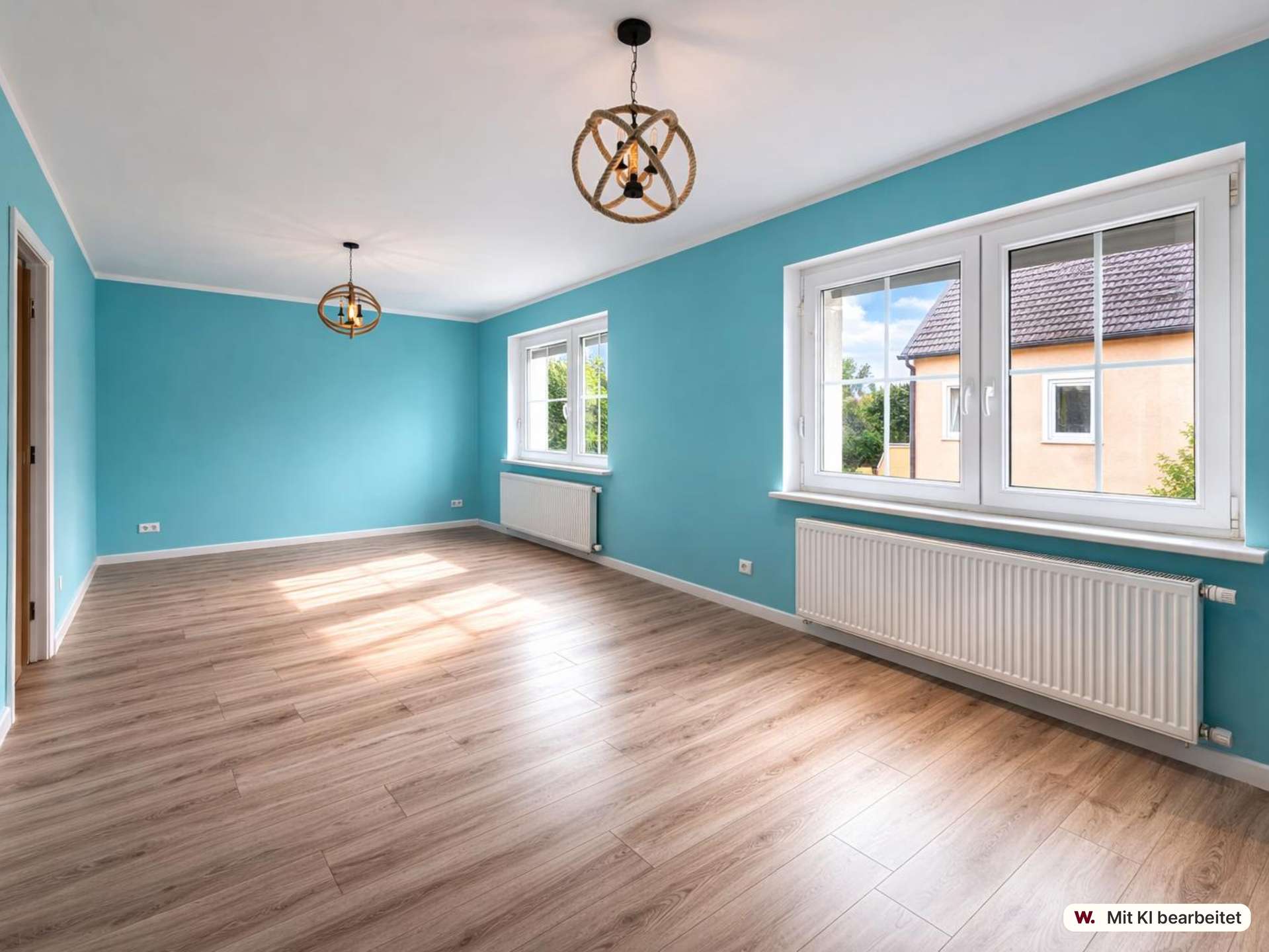 Bright, empty room with teal walls, light wood flooring, and two knot-rope pendant lights hanging from the ceiling.