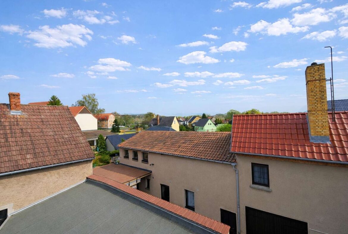 Aerial view of a suburban neighborhood with tiled roofs, brick chimneys, and a blue sky with scattered clouds.