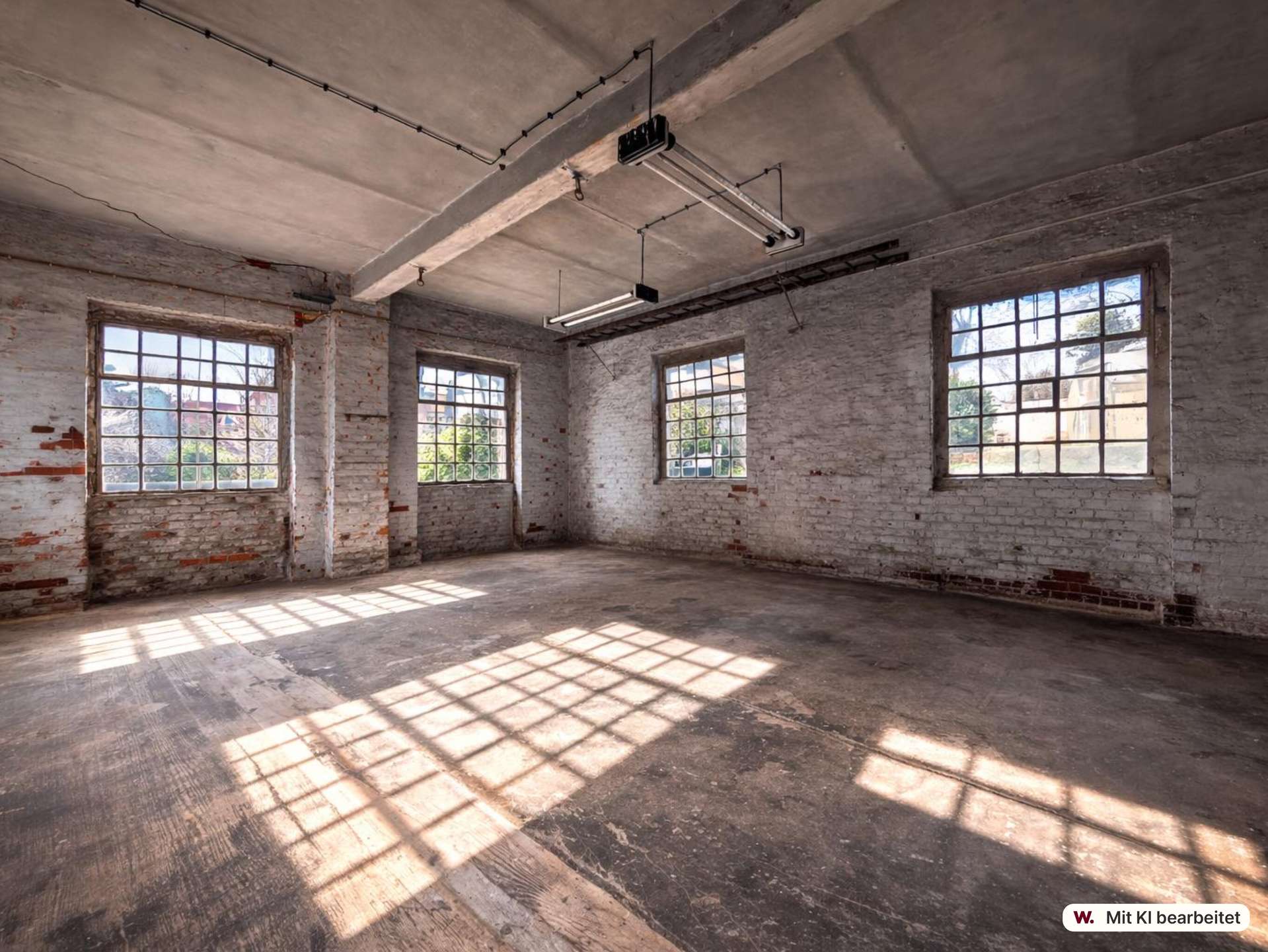 Industrial, empty brick-walled room with large grid windows casting rectangular light patterns on the dusty wooden floor.
