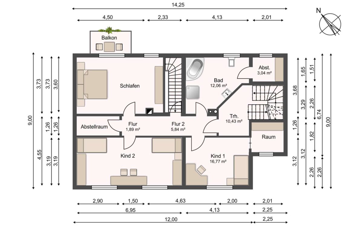 Grundriss eines Hauses: Schlafzimmer, zwei Kinderzimmer, Flur, Abstellraum, Bad, Balkon und Treppe sichtbar.