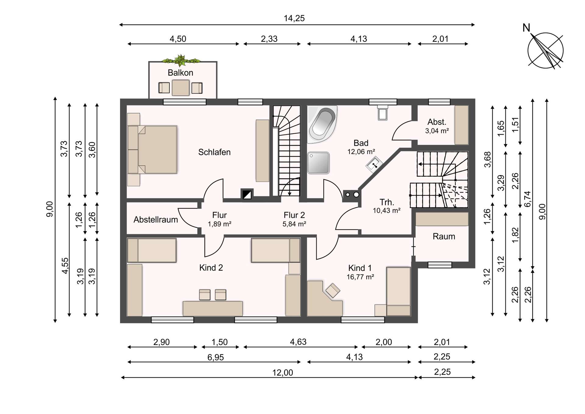 Grundriss eines Hauses: Schlafzimmer, zwei Kinderzimmer, Flur, Abstellraum, Bad, Balkon und Treppe sichtbar.