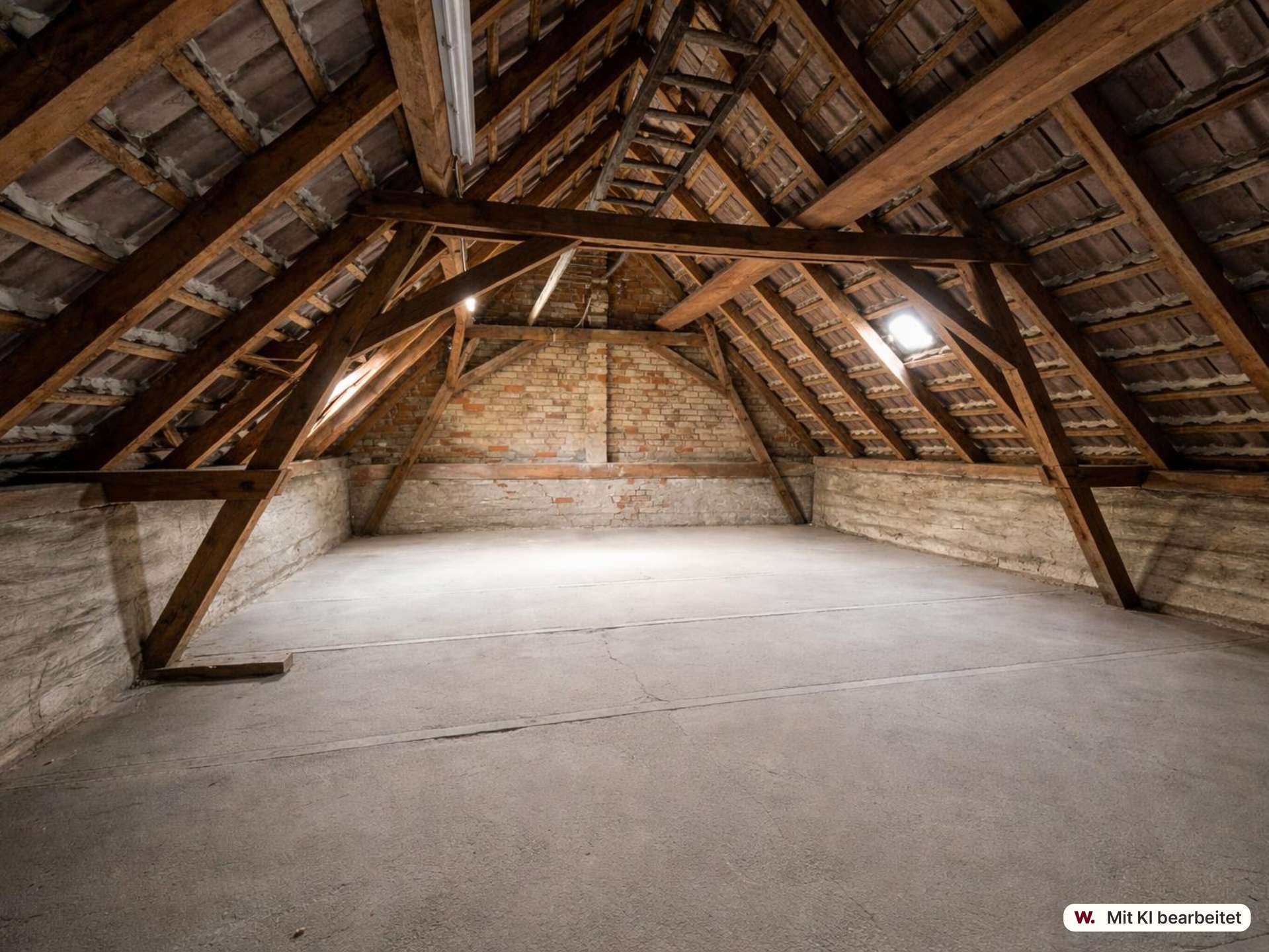 Attic with exposed wooden roof trusses, brick walls, and a bare concrete floor; dim light from small windows.