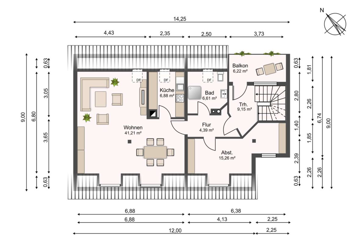 Grundriss einer Wohnung mit Wohnzimmer, Küche, Bad, Flur und Balkon; zeigt Räume und Maße.