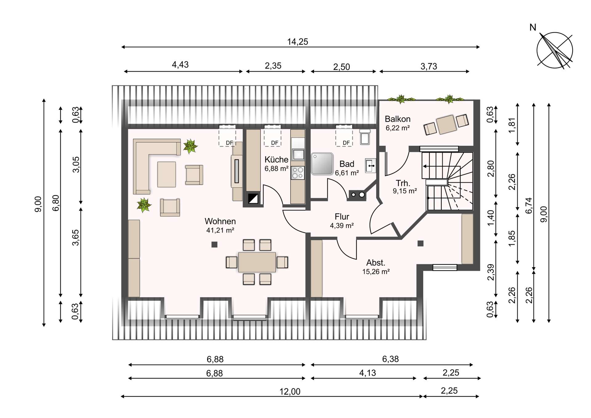 Grundriss einer Wohnung mit Wohnzimmer, Küche, Bad, Flur und Balkon; zeigt Räume und Maße.