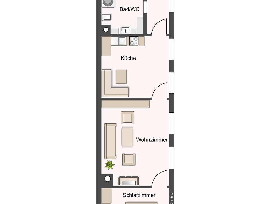 Narrow apartment floor plan showing entry, wardrobe, bathroom, kitchen, living room, and bedroom.