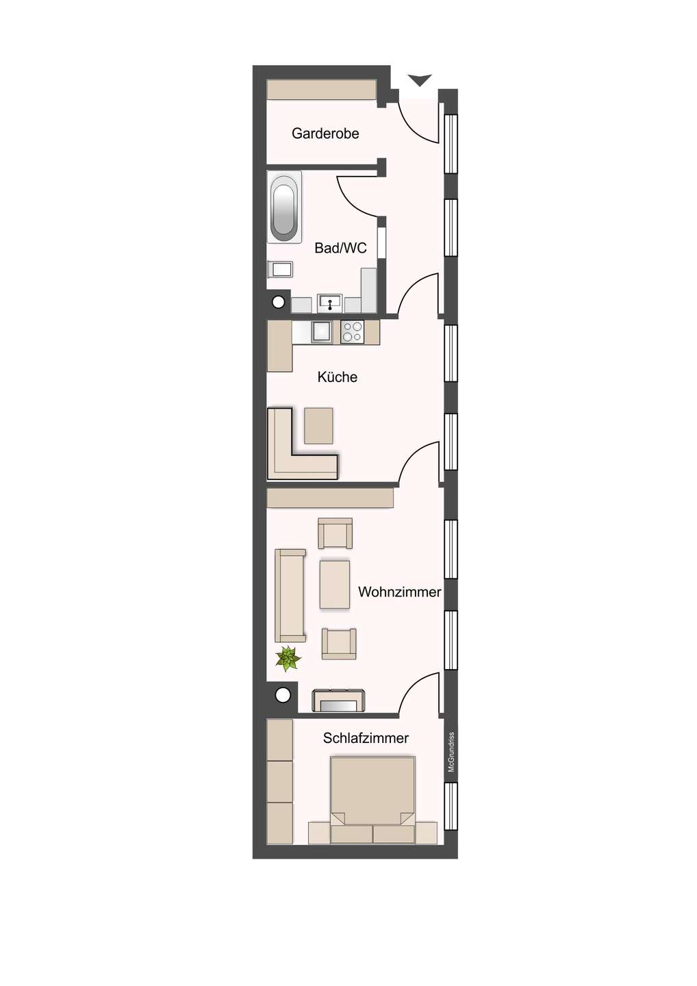 Narrow apartment floor plan showing entry, wardrobe, bathroom, kitchen, living room, and bedroom.
