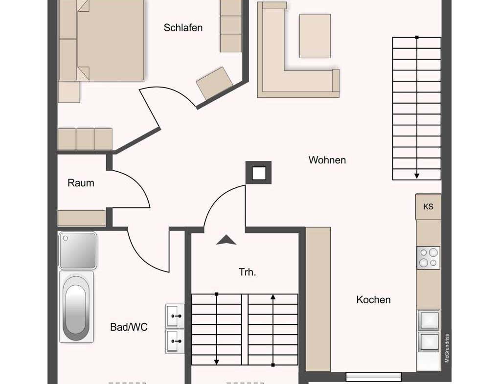 Top-down floor plan of an apartment: Schlafen on the left, Wohnen in the center, Kochen on the right, Bad/WC bottom left, stairs in the center.