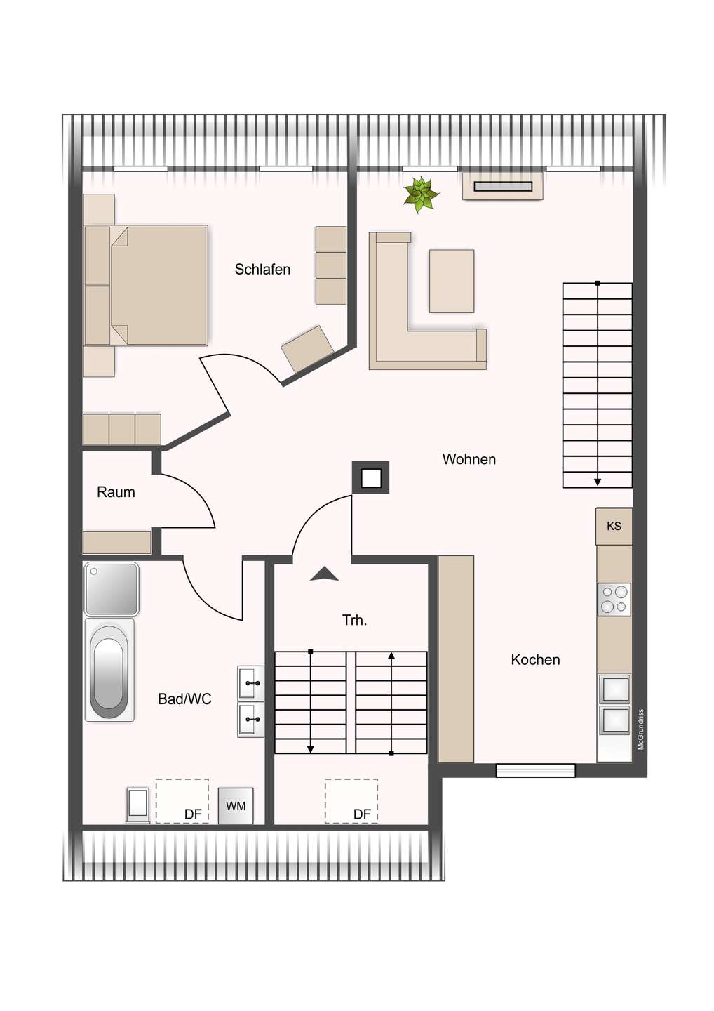 Top-down floor plan of an apartment: Schlafen on the left, Wohnen in the center, Kochen on the right, Bad/WC bottom left, stairs in the center.