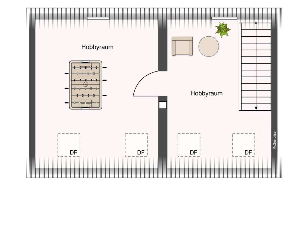 Floor plan of a two-room attic hobby area: left room has a foosball table, right room a seating area and plant, with a staircase along the right edge.
