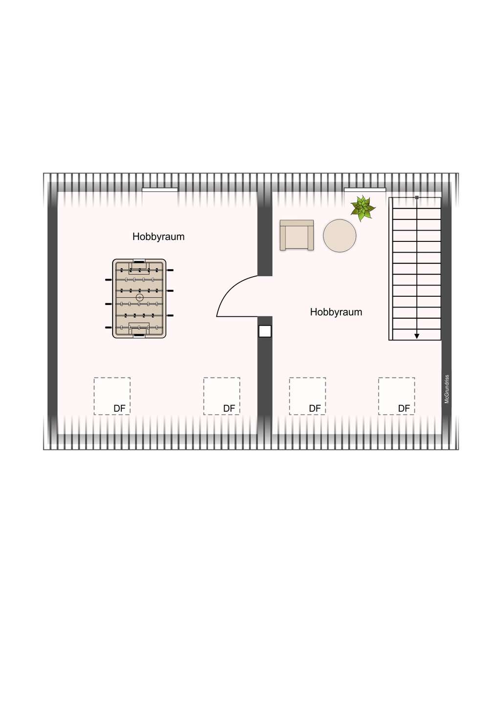 Floor plan of a two-room attic hobby area: left room has a foosball table, right room a seating area and plant, with a staircase along the right edge.