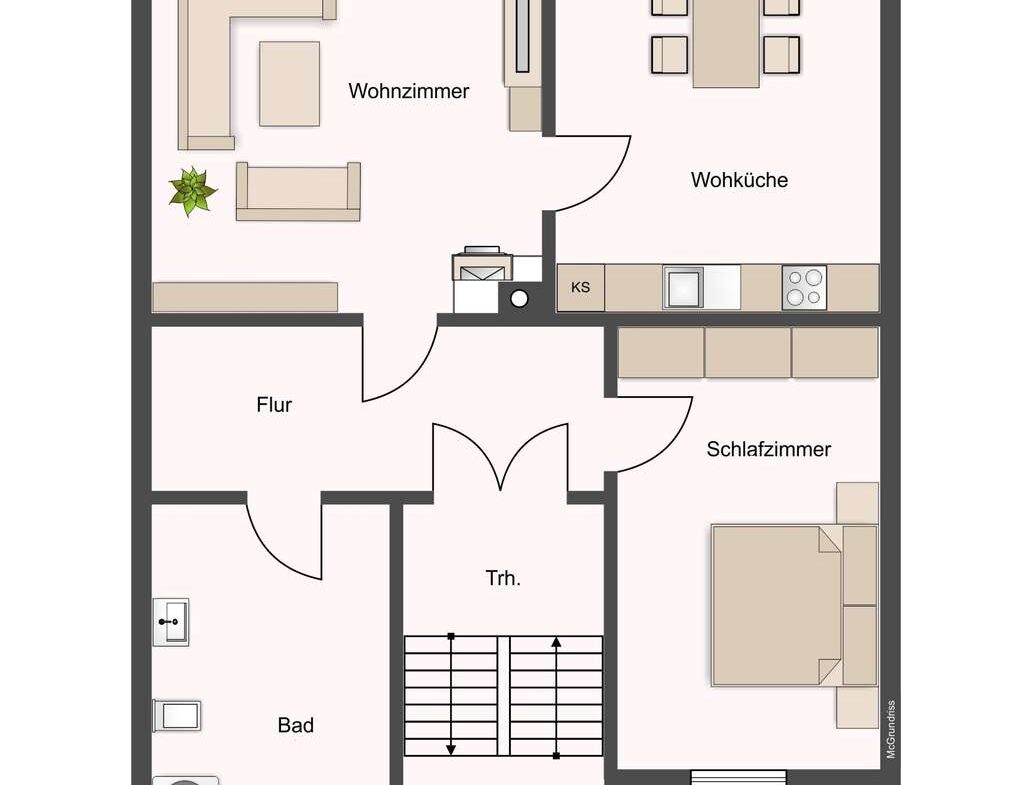 Grundriss einer Wohnung: Wohnzimmer (oben links), Küche (oben rechts), Schlafzimmer (unten rechts), Bad (unten links), Flur und Treppenhaus in der Mitte.