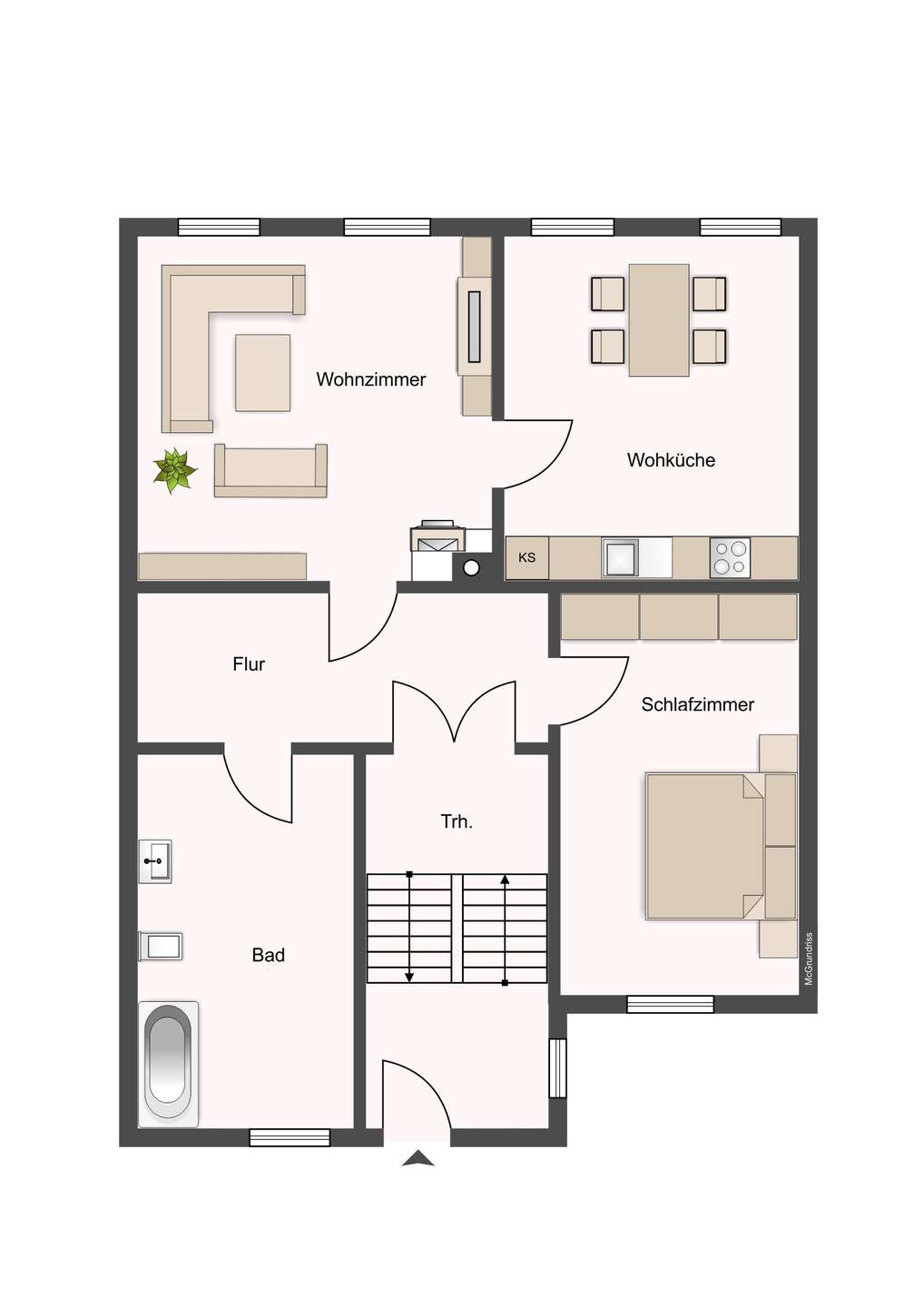 Grundriss einer Wohnung: Wohnzimmer (oben links), Küche (oben rechts), Schlafzimmer (unten rechts), Bad (unten links), Flur und Treppenhaus in der Mitte.