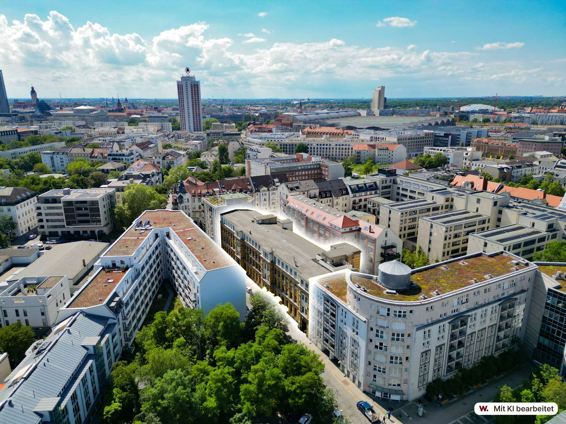 High-angle aerial view of a dense city with white and beige buildings, green trees, and a bright blue sky with scattered clouds.]','A panoramic cityscape showing mixed residential and commercial buildings, foreground trees, and a clear sky.