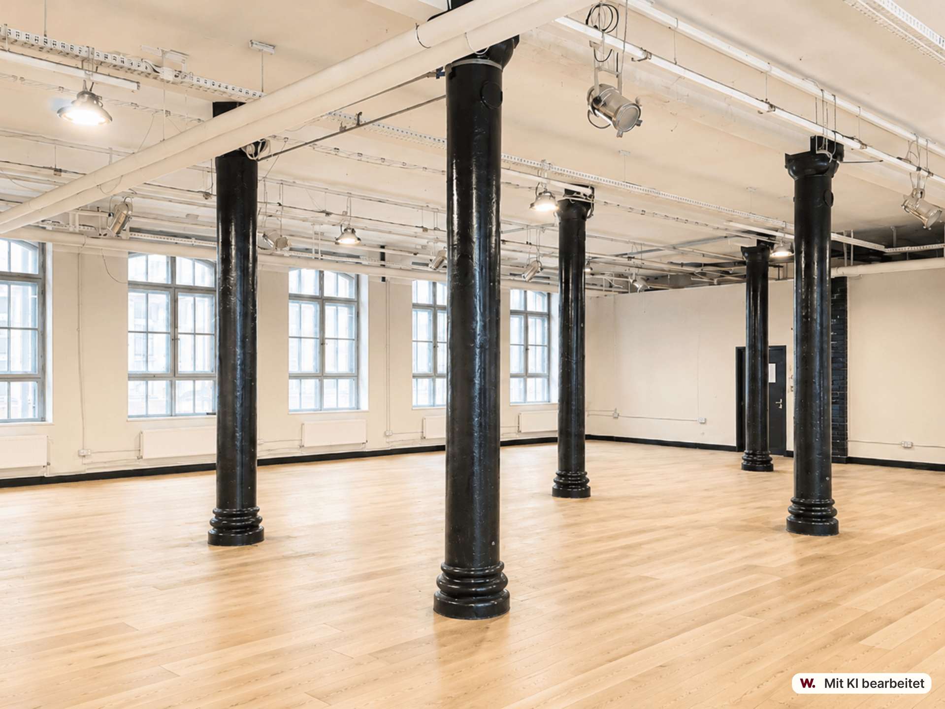 Open industrial studio with black pillars, wooden floor, and large windows letting in natural light.