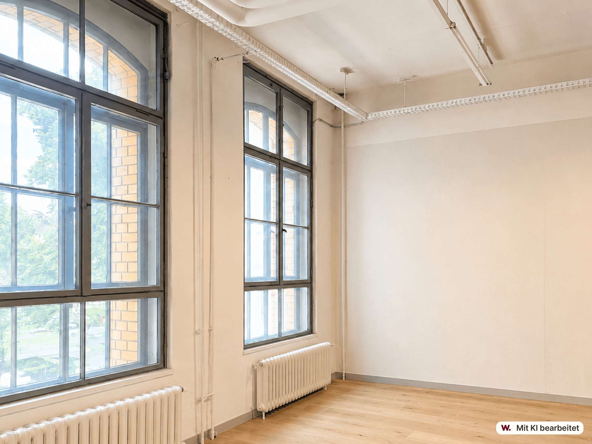 Bright, empty room with tall arched windows and white radiators along the wall, letting in daylight.