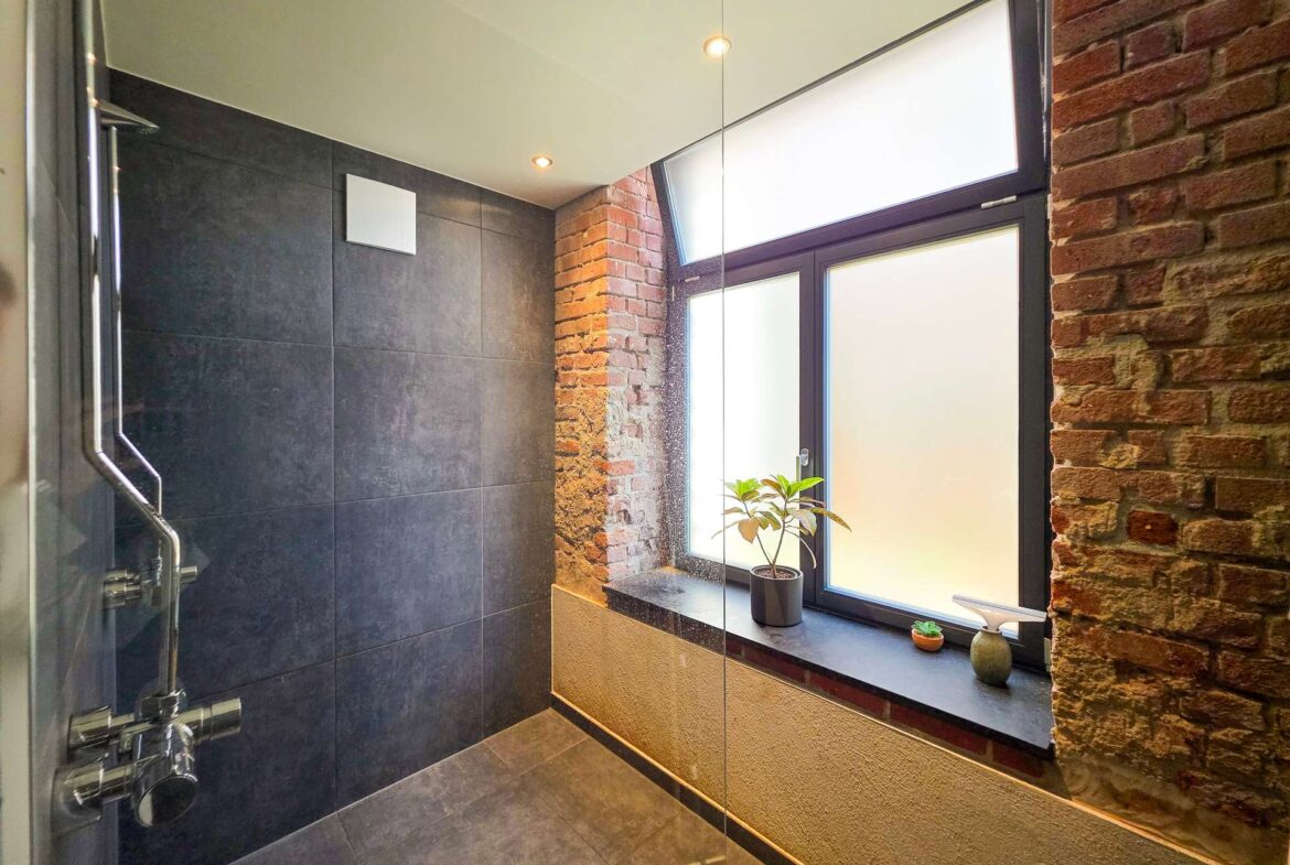 Modern bathroom with dark tiled walls, brick accents, and a glass shower enclosure; frosted window and small plants on the sill.