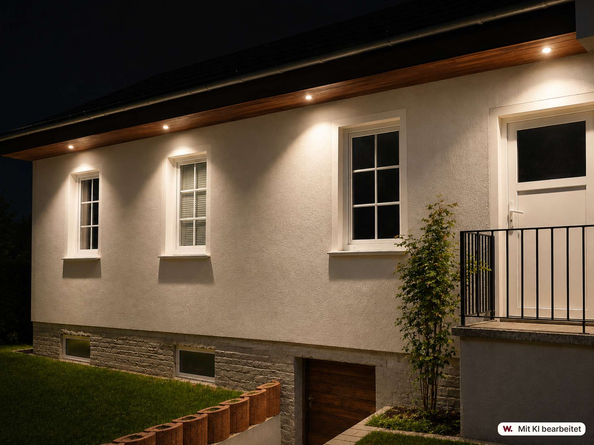 Night exterior of a beige stucco house with warm lights along the overhang, white-framed windows, and a wooden garage door.