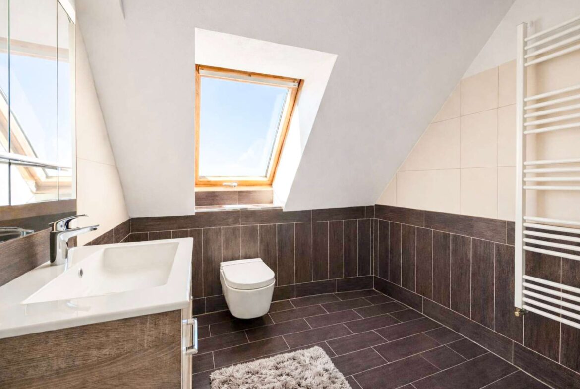 Bathroom features a skylight window, white sink and toilet, dark brown tiled walls and floor, and a white towel radiator on the right.