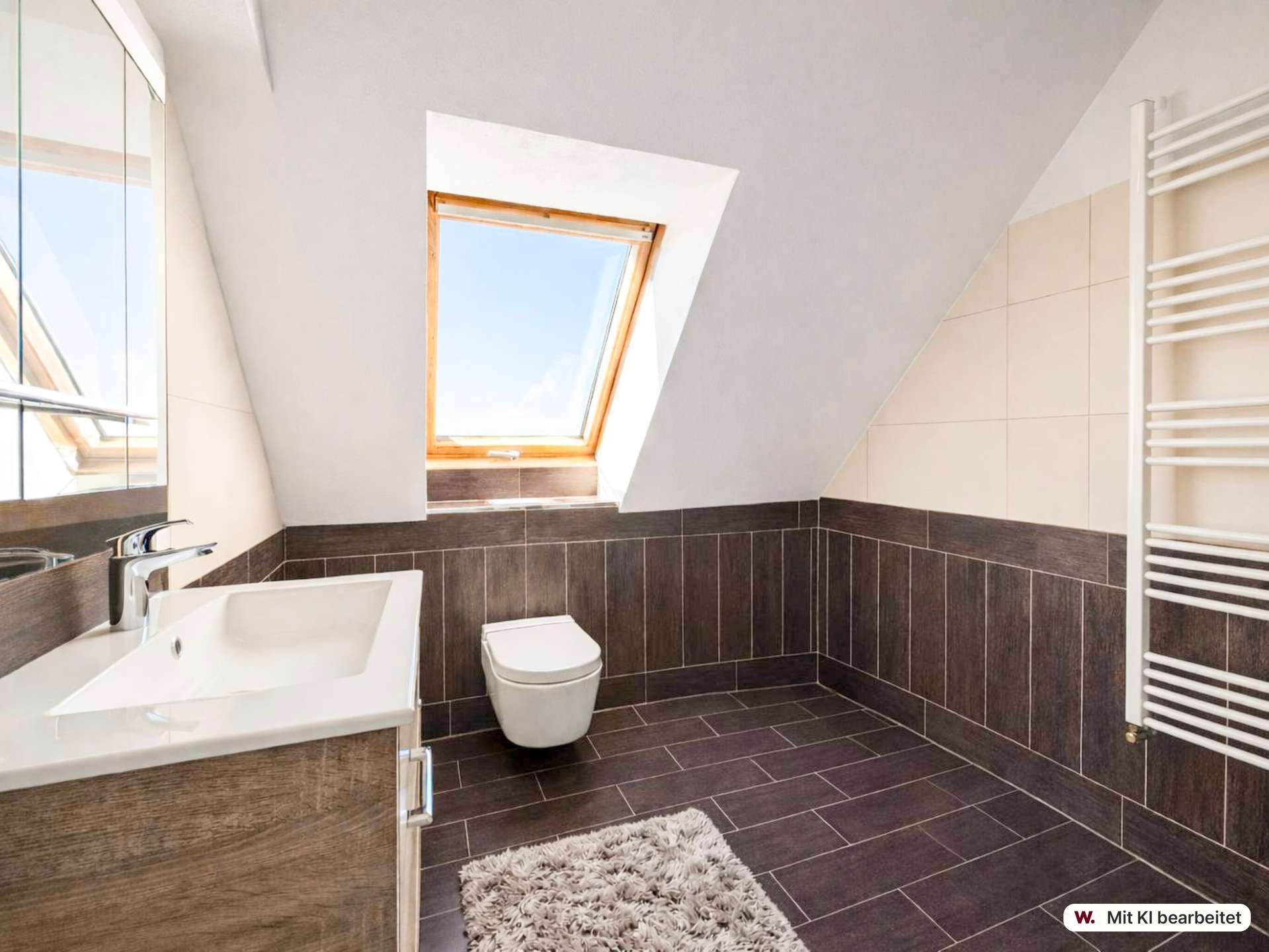 Bathroom features a skylight window, white sink and toilet, dark brown tiled walls and floor, and a white towel radiator on the right.