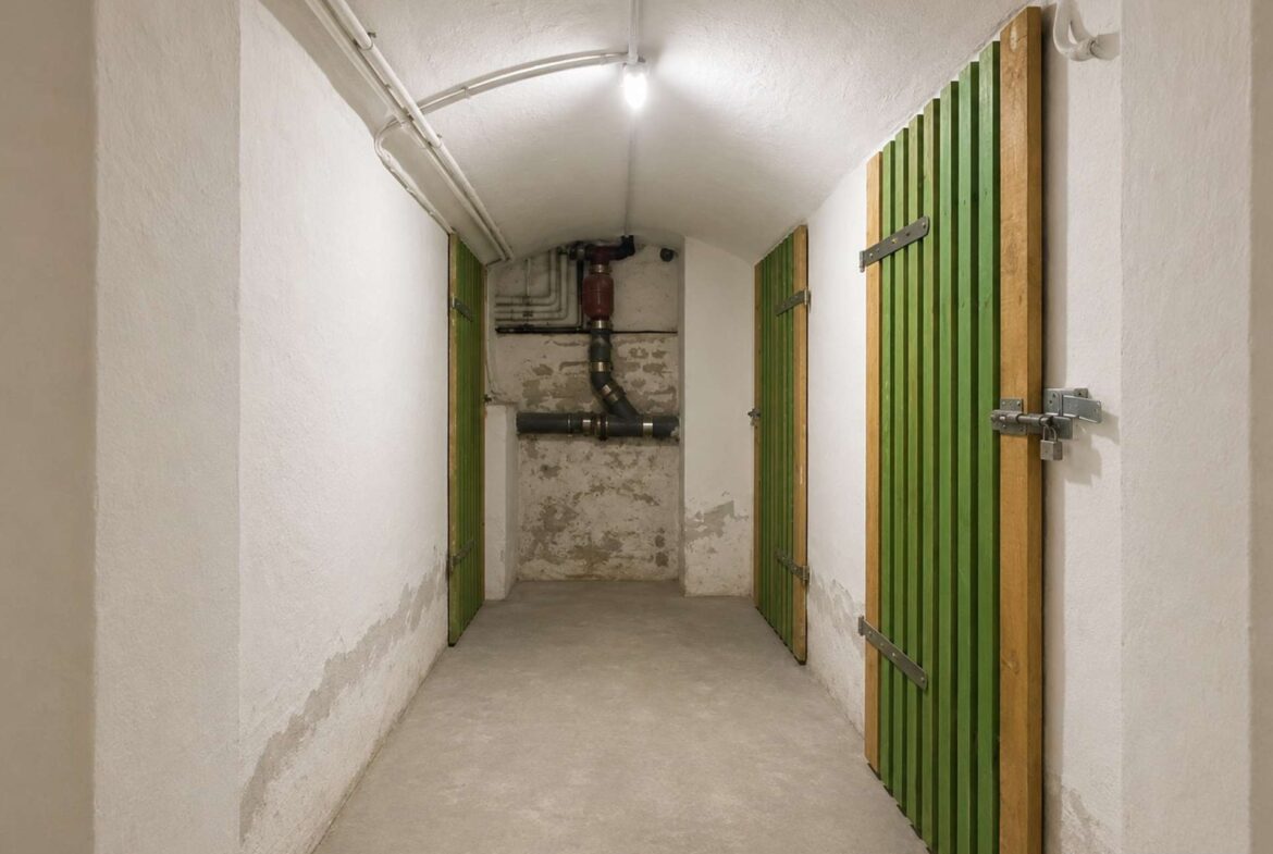 Concrete basement corridor with green slatted doors on both sides and exposed piping along the ceiling.