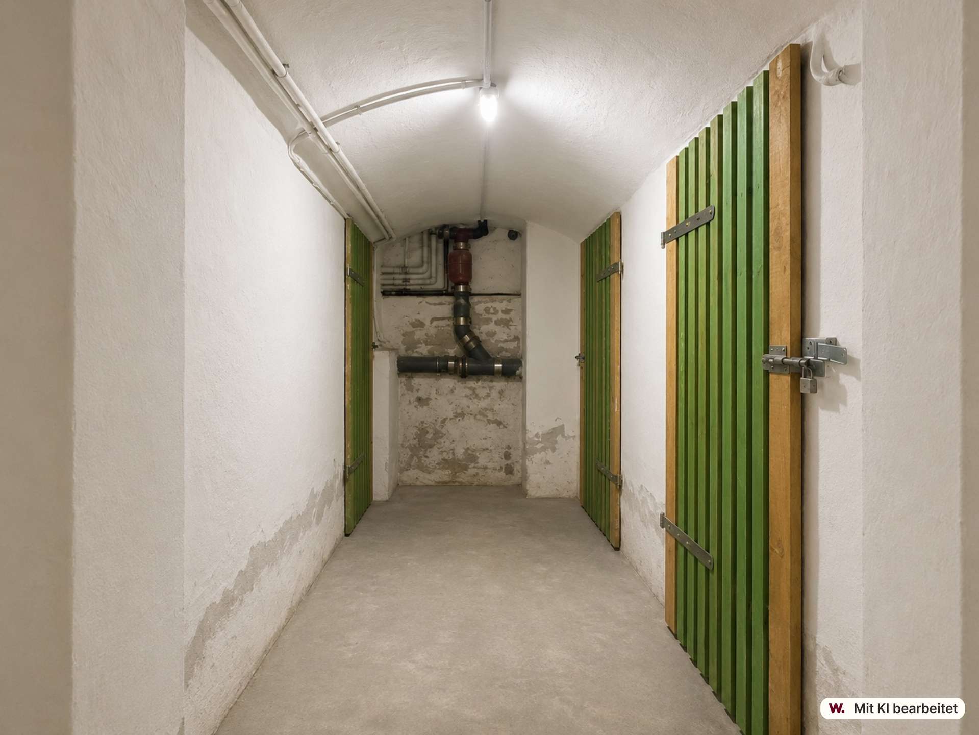 Concrete basement corridor with green slatted doors on both sides and exposed piping along the ceiling.