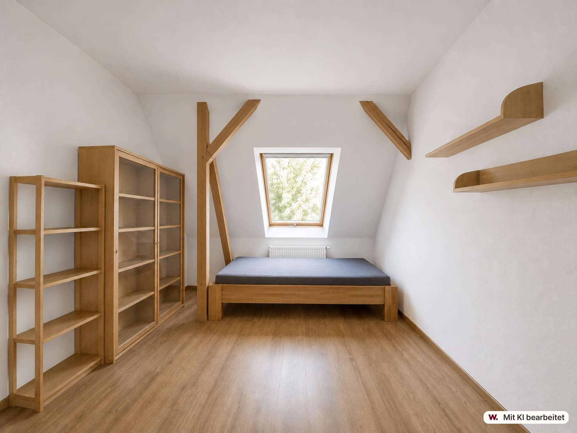 Minimalist attic bedroom with wooden shelves, a glass-front cabinet, and a low bed under a sloped ceiling and skylight window for natural light.