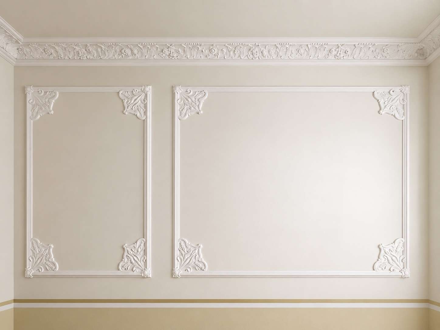 Beige interior wall with two large white decorative plaster panels and ornate corner motifs, crown molding above.