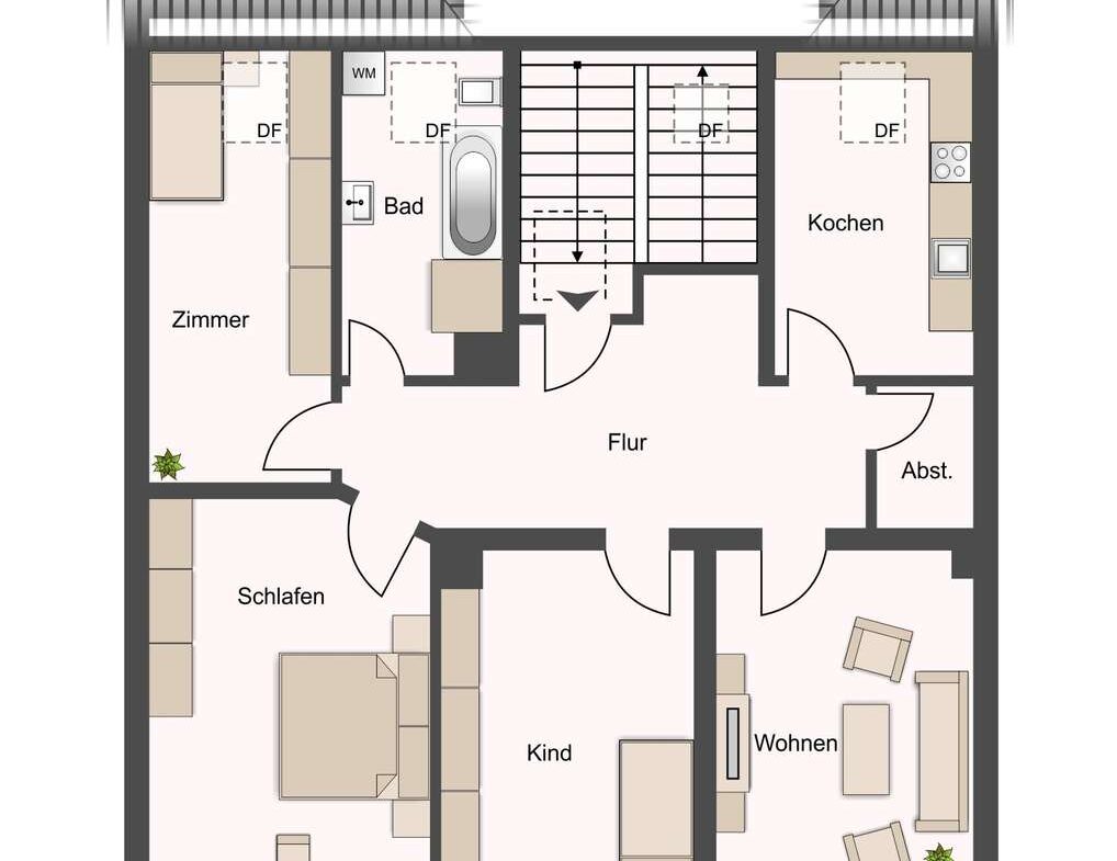 Floor plan of an apartment: central hallway connects living room, kitchen, bedroom, child's room, and bathroom (labels in German).