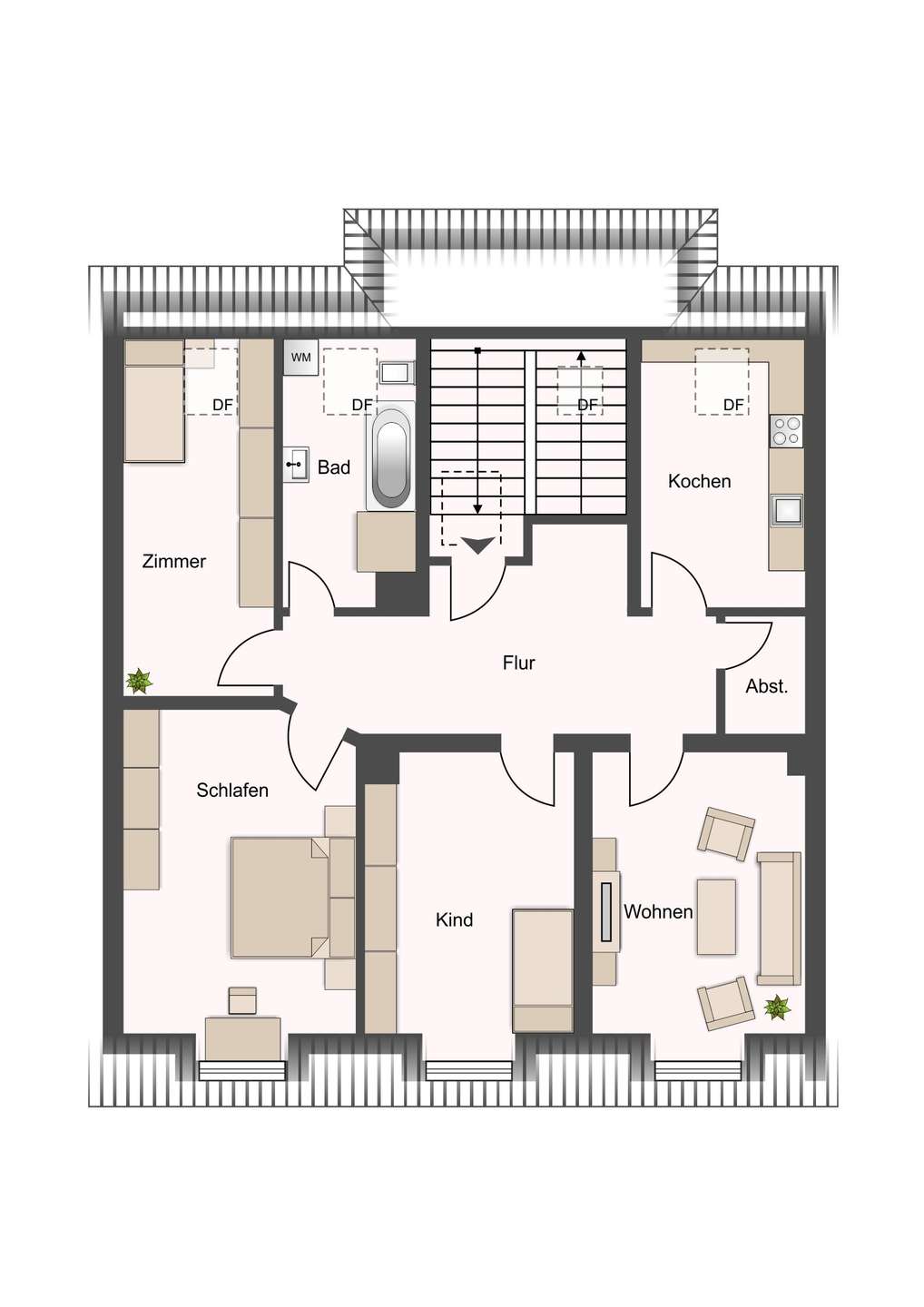 Floor plan of an apartment: central hallway connects living room, kitchen, bedroom, child's room, and bathroom (labels in German).