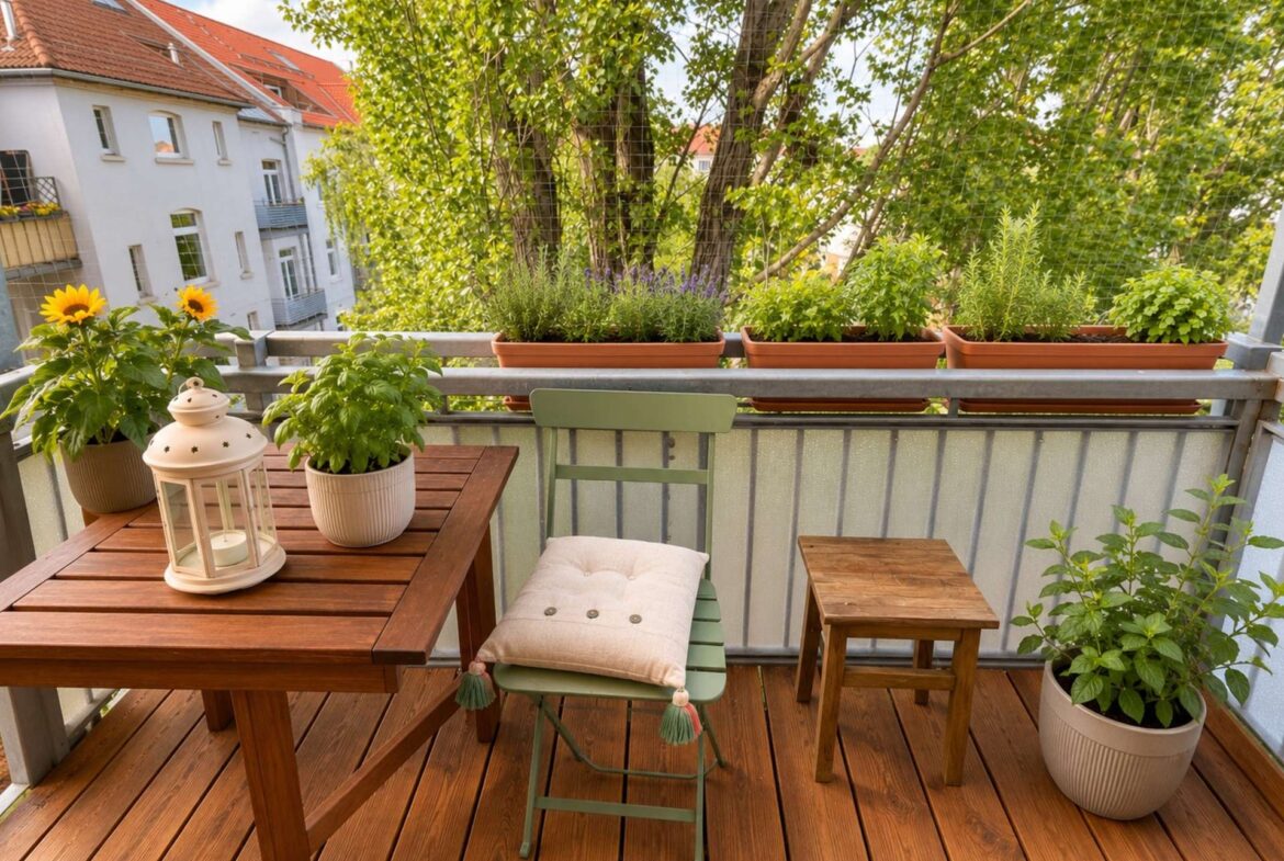 Balcony with a wooden table and green chair, potted sunflowers and herbs, overlooking urban houses beyond the railing.