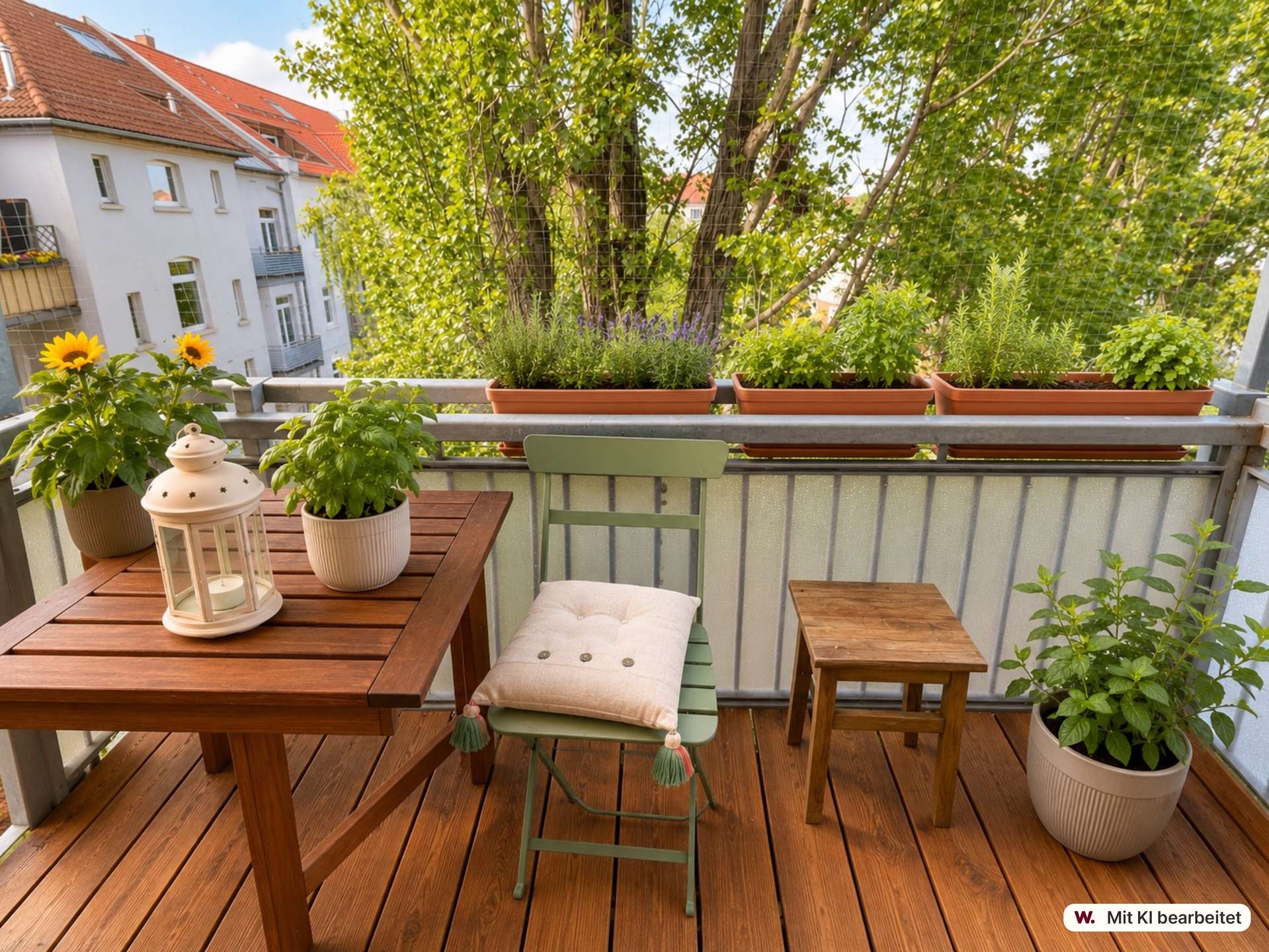 Balcony with a wooden table and green chair, potted sunflowers and herbs, overlooking urban houses beyond the railing.