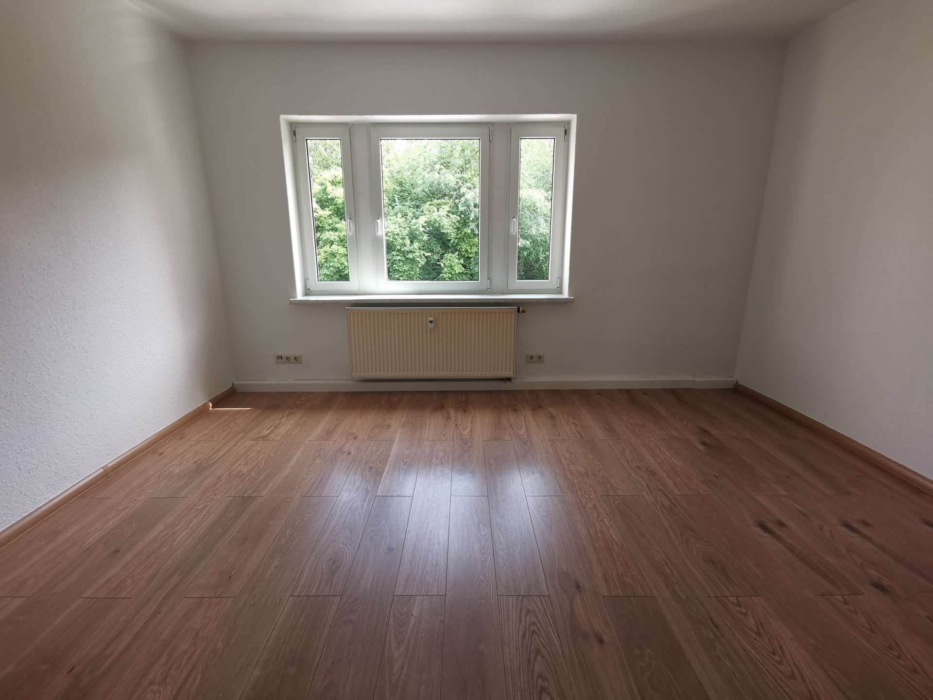 Bare room with white walls, a central window and radiator beneath, and wood-look flooring.