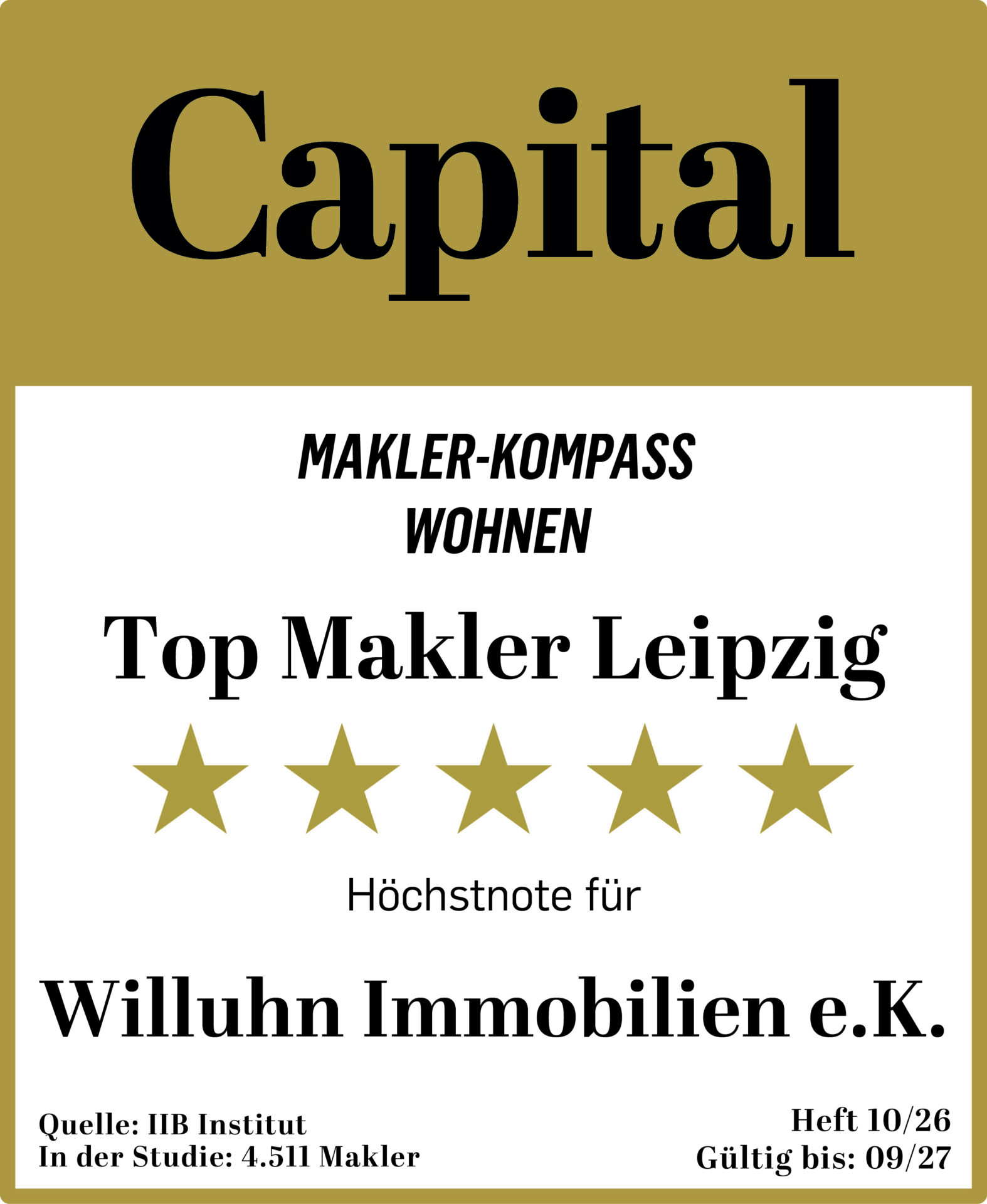 Siegel Capital Makler-Kompass 2026, fünf Sterne, Willuhn Immobilien, Top Makler Region